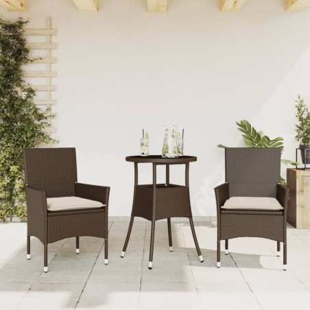 vidaXL Set comedor jardín 3 pzas cojines ratán sintético vidrio marrón