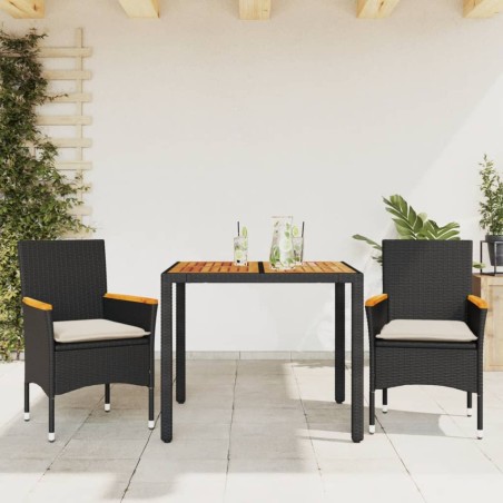 vidaXL Set de comedor jardín 3 pzas con cojines ratán PE acacia negro