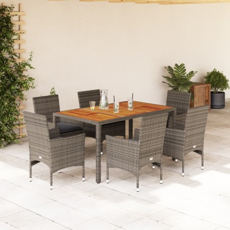 vidaXL Set de comedor jardín 7 pzas con cojines ratán PE acacia gris