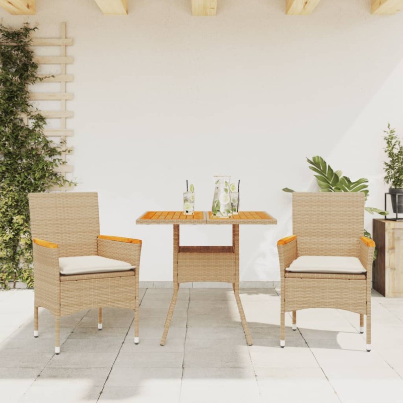 vidaXL Set de comedor jardín 3 pzas con cojines ratán PE acacia beige vidaXL Set de comedor jardín 3 pzas con cojines ratán PE acacia beige