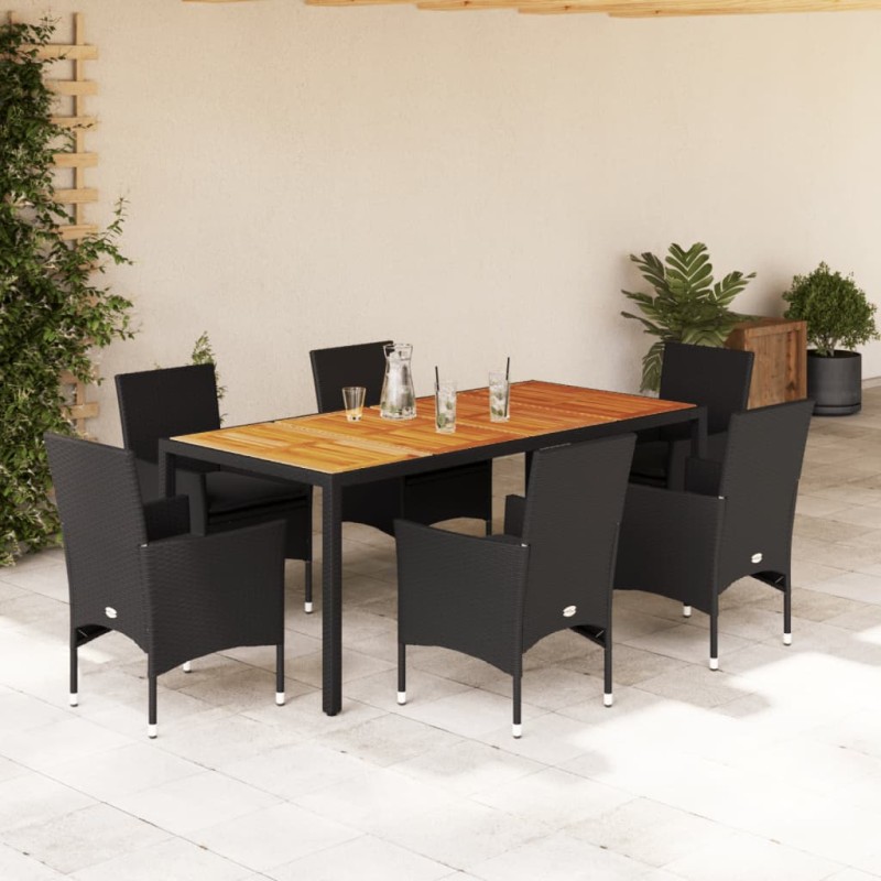 vidaXL Set de comedor jardín 7 pzas con cojines ratán PE acacia negro vidaXL Set de comedor jardín 7 pzas con cojines ratán PE acacia negro