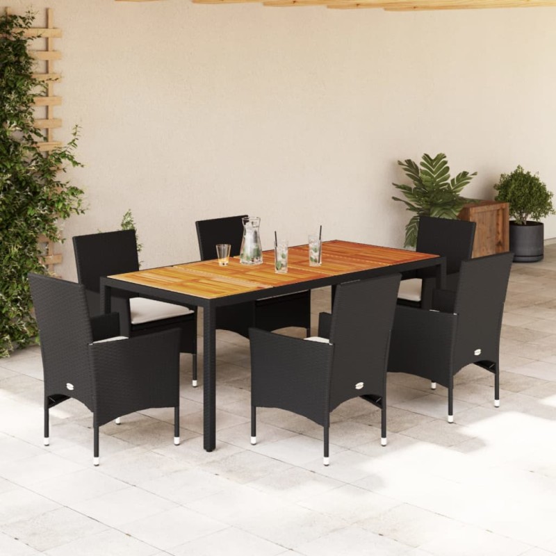 vidaXL Set de comedor jardín 7 pzas con cojines ratán PE acacia negro vidaXL Set de comedor jardín 7 pzas con cojines ratán PE acacia negro