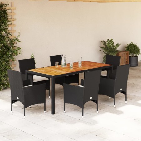 vidaXL Set de comedor jardín 7 pzas con cojines ratán PE acacia negro