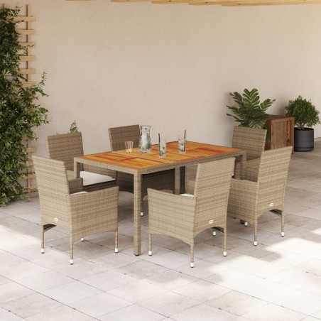 vidaXL Set de comedor jardín 7 pzas con cojines ratán PE acacia beige