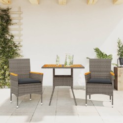 vidaXL Set de comedor jardín 3 pzas con cojines ratán PE acacia gris