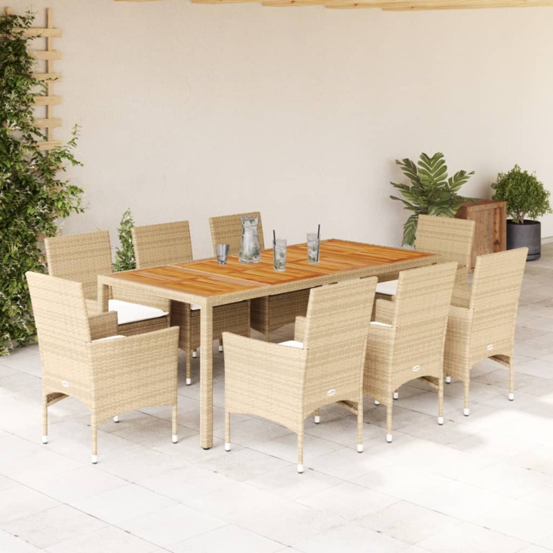 vidaXL Set de comedor jardín 9 pzas con cojines ratán PE acacia beige vidaXL Set de comedor jardín 9 pzas con cojines ratán PE acacia beige