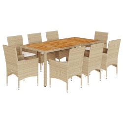 vidaXL Set de comedor jardín 9 pzas con cojines ratán PE acacia beige