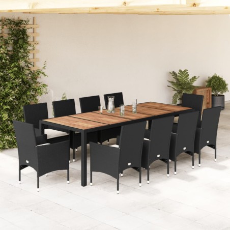 vidaXL Set comedor jardín 11 pzas cojines ratán sintético acacia negro