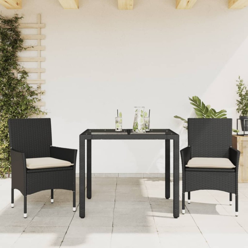 vidaXL Set comedor jardín 3 pzas cojines ratán sintético vidrio negro vidaXL Set comedor jardín 3 pzas cojines ratán sintético vidrio negro