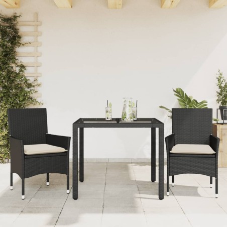 vidaXL Set comedor jardín 3 pzas cojines ratán sintético vidrio negro