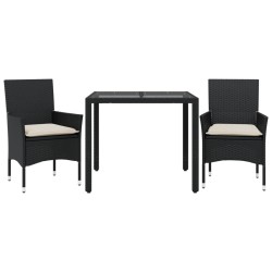 vidaXL Set comedor jardín 3 pzas cojines ratán sintético vidrio negro