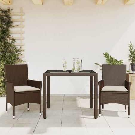 vidaXL Set comedor jardín 3 pzas cojines ratán sintético vidrio marrón