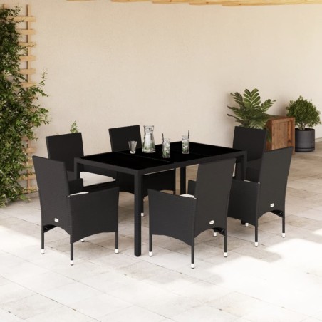 vidaXL Set comedor jardín 7 pzas cojines ratán sintético vidrio negro