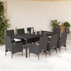 vidaXL Set comedor jardín 9 pzas cojines ratán sintético vidrio negro