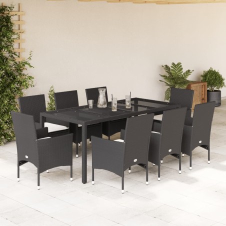vidaXL Set comedor jardín 9 pzas cojines ratán sintético vidrio negro