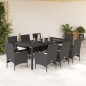 vidaXL Set comedor jardín 9 pzas cojines ratán sintético vidrio negro