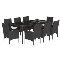 vidaXL Set comedor jardín 9 pzas cojines ratán sintético vidrio negro