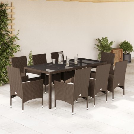 vidaXL Set comedor jardín 9 pzas cojines ratán sintético vidrio marrón