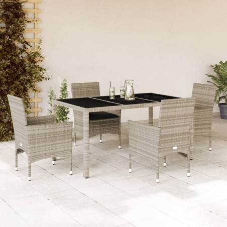 vidaXL Set comedor jardín 5 pzas y cojines ratán PE vidrio gris claro