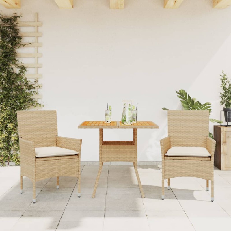 vidaXL Set de comedor jardín 3 pzas con cojines ratán PE acacia beige vidaXL Set de comedor jardín 3 pzas con cojines ratán PE acacia beige