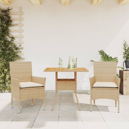 vidaXL Set de comedor jardín 3 pzas con cojines ratán PE acacia beige