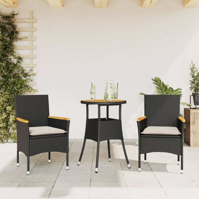 vidaXL Set de comedor jardín 3 pzas con cojines ratán PE acacia negro vidaXL Set de comedor jardín 3 pzas con cojines ratán PE acacia negro