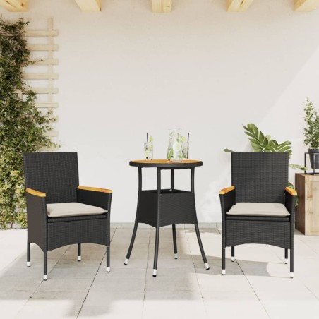 vidaXL Set de comedor jardín 3 pzas con cojines ratán PE acacia negro