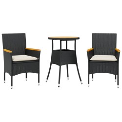 vidaXL Set de comedor jardín 3 pzas con cojines ratán PE acacia negro