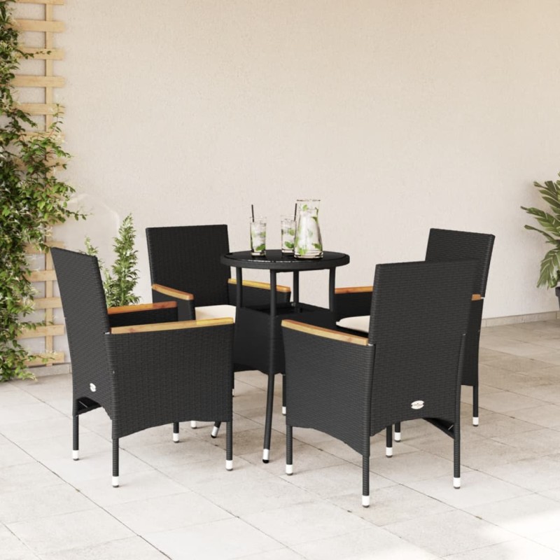 vidaXL Set comedor jardín 5 pzas cojines ratán sintético vidrio negro vidaXL Set comedor jardín 5 pzas cojines ratán sintético vidrio negro