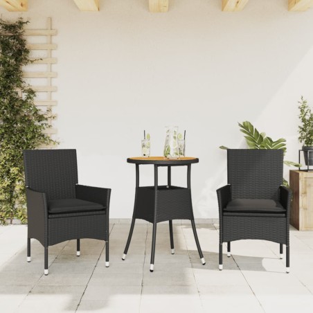 vidaXL Set de comedor jardín 3 pzas con cojines ratán PE acacia negro