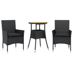 vidaXL Set de comedor jardín 3 pzas con cojines ratán PE acacia negro