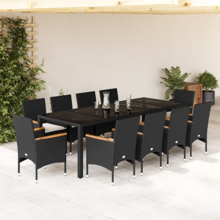 vidaXL Set comedor jardín 11 pzas cojines ratán sintético vidrio negro
