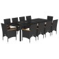 vidaXL Set comedor jardín 11 pzas cojines ratán sintético vidrio negro