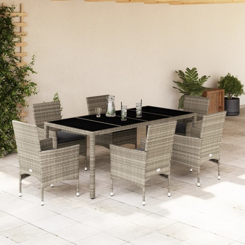 vidaXL Set de comedor jardín 7 piezas y cojines ratán PE y vidrio gris vidaXL Set de comedor jardín 7 piezas y cojines ratán PE y vidrio gris