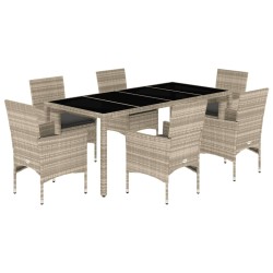 vidaXL Set de comedor jardín 7 piezas y cojines ratán PE y vidrio gris