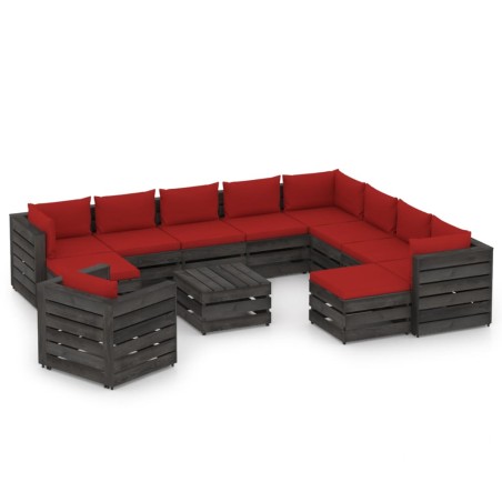 vidaXL Muebles de jardín 12 piezas con cojines madera impregnada gris