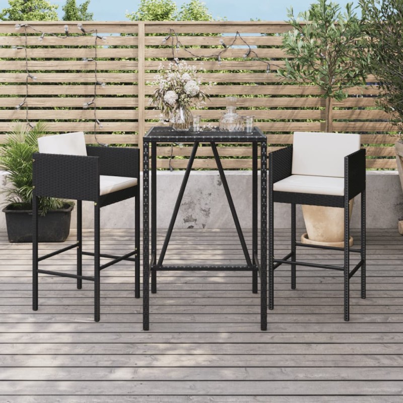vidaXL Mesa y taburetes altos jardín 3 piezas y cojines ratán PE negro vidaXL Mesa y taburetes altos jardín 3 piezas y cojines ratán PE negro