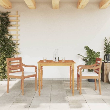 vidaXL Juego comedor de jardín 3 pzas y cojines blancos madera de teca