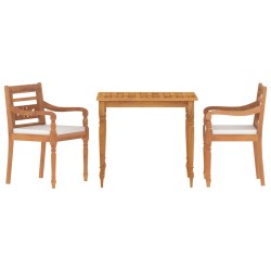 vidaXL Juego comedor de jardín 3 pzas y cojines blancos madera de teca