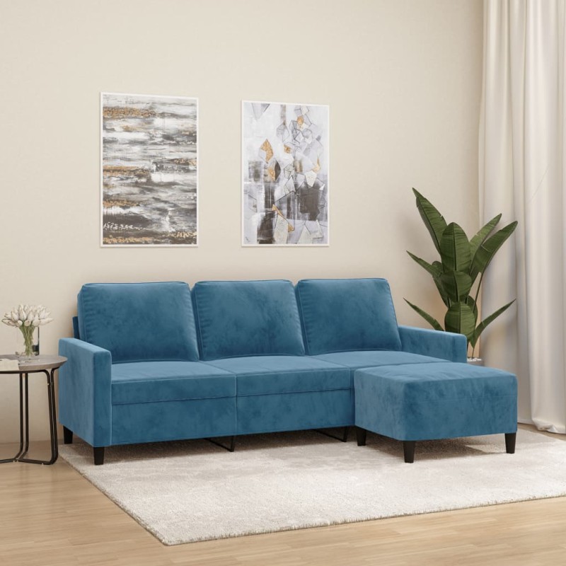 vidaXL Sofá de 3 plazas con taburete de terciopelo azul 180 cm vidaXL Sofá de 3 plazas con taburete de terciopelo azul 180 cm