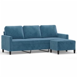 vidaXL Sofá de 3 plazas con taburete de terciopelo azul 180 cm