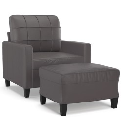vidaXL Sillón con taburete cuero sintético gris 60 cm