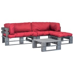 vidaXL Sofás de palés para jardín 4 pzas madera con cojines rojos