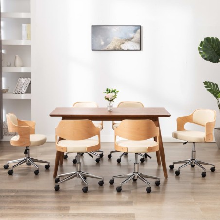 vidaXL Sillas de comedor giratorias 4 uds madera curvada cuero crema