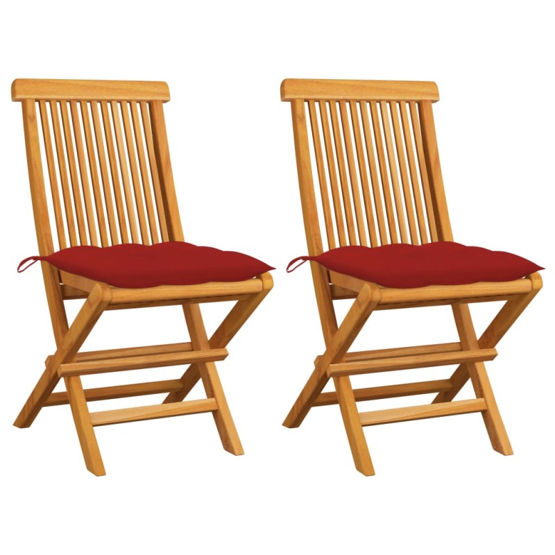 vidaXL Sillas de jardín 2 uds madera maciza de teca con cojines rojos vidaXL Sillas de jardín 2 uds madera maciza de teca con cojines rojos