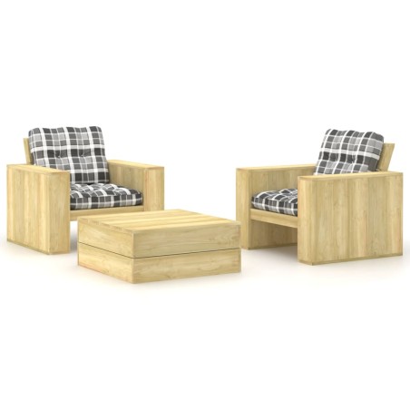 vidaXL Set muebles de jardín y cojines 3 pzas madera pino impregnada