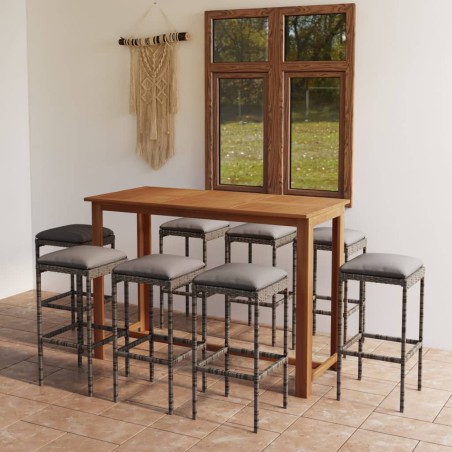 vidaXL Set de bar para jardín 9 piezas y cojines ratán sintético gris