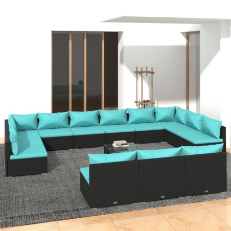 vidaXL Set de muebles de jardín 14 pzas cojines ratán sintético negro