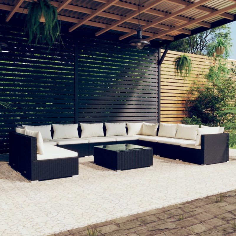 vidaXL Set muebles de jardín 11 pzas y cojines ratán sintético negro vidaXL Set muebles de jardín 11 pzas y cojines ratán sintético negro