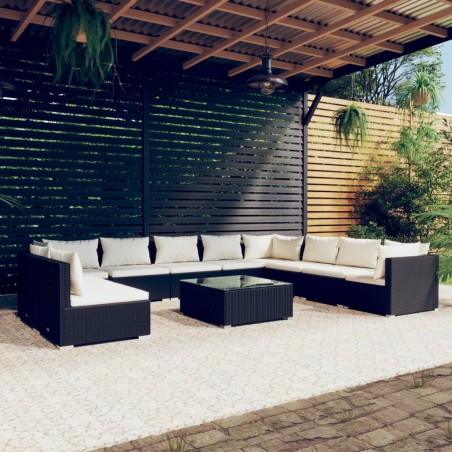 vidaXL Set muebles de jardín 11 pzas y cojines ratán sintético negro